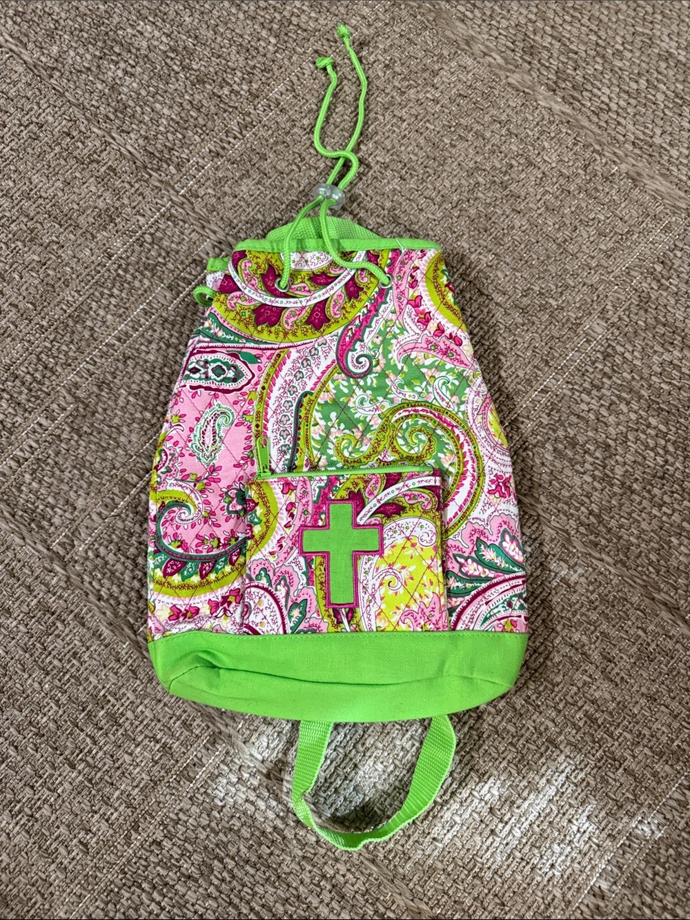 Kids Drawstring Bible Backpack in Pink & Green with Cross Detail